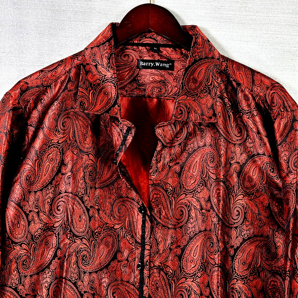 Barry Wang Mens Silk Iridescent Paisley Button Up Shirt Long Sleeve Size XL NWOT - Picture 2 of 9